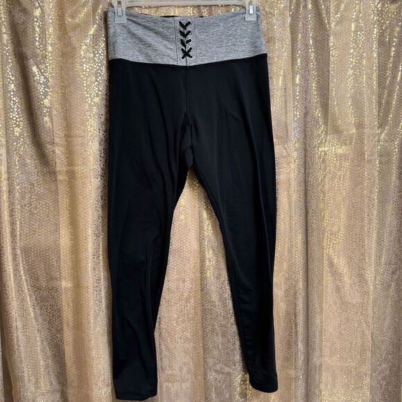 PINK Victoria's Secret Ultimate leggings Black Gray Lace Up Full Length Large - Picture 1 of 6